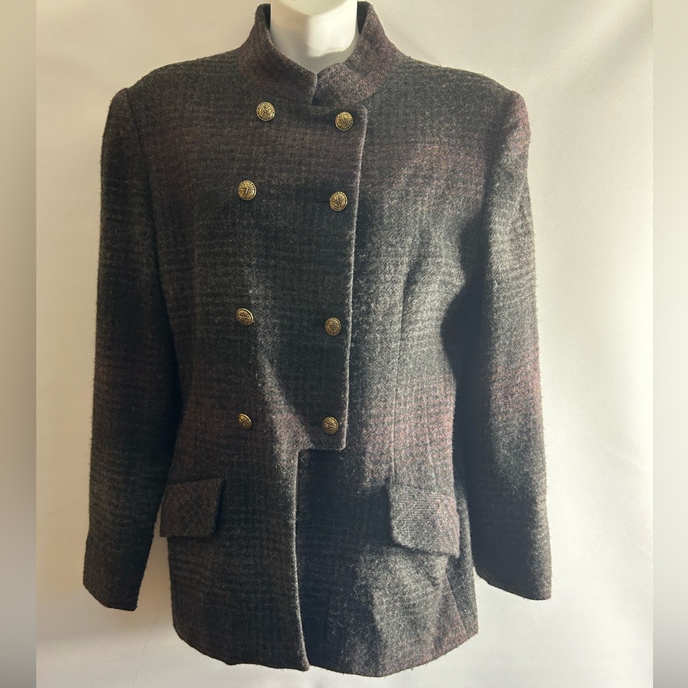 VTG JORDAN & COLE USA MADE PLAID GREY/BLACK DB WOOL BLAZER WOMEN’S SIZE MEDIUM